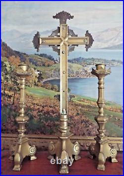 LARGE BRASS CHURCH ALTAR CRUCIFIX & CANDLESTICKS SET 19th CENTURY