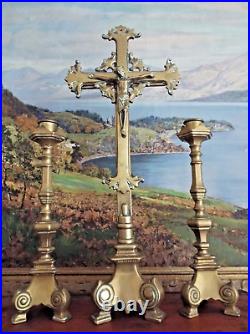 LARGE BRASS CHURCH ALTAR CRUCIFIX & CANDLESTICKS SET 19th CENTURY