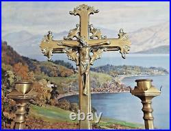 LARGE BRASS CHURCH ALTAR CRUCIFIX & CANDLESTICKS SET 19th CENTURY