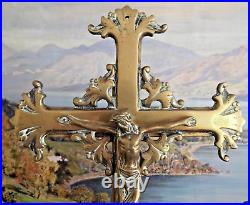 LARGE BRASS CHURCH ALTAR CRUCIFIX & CANDLESTICKS SET 19th CENTURY