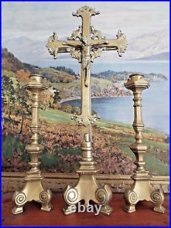 LARGE BRASS CHURCH ALTAR CRUCIFIX & CANDLESTICKS SET 19th CENTURY