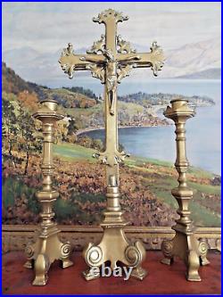 LARGE BRASS CHURCH ALTAR CRUCIFIX & CANDLESTICKS SET 19th CENTURY