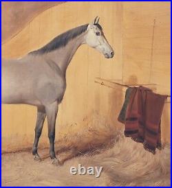 Large 19th Century English Dapple Grey Race Horse In A Stable Portrait