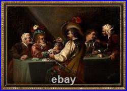 Large 19th Century French Cavaliers Cheating Card Game Gambling Interior Scene