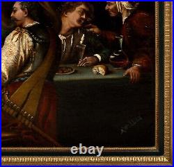 Large 19th Century French Cavaliers Cheating Card Game Gambling Interior Scene