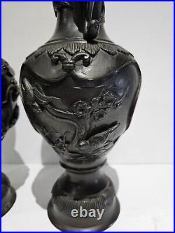 Large 19th Century Japanese Bronze twin dragon head handled vases 31 cm
