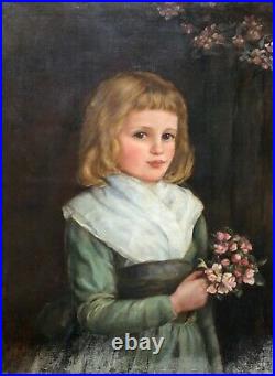 Large 19th Century Oil Portrait Painting Of A Little Victorian Girl
