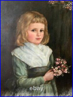 Large 19th Century Oil Portrait Painting Of A Little Victorian Girl