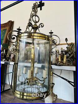 Large Antique 19th Century Victorian Hall Lantern, Brass & Cylindrical Glass