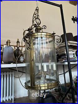 Large Antique 19th Century Victorian Hall Lantern, Brass & Cylindrical Glass