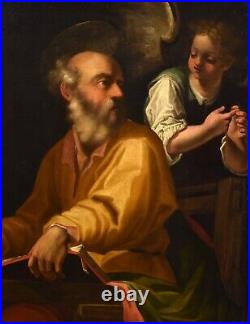 Large Painting Antique Saint Matthew Angel Procaccini Xvii Century Oil on Canvas