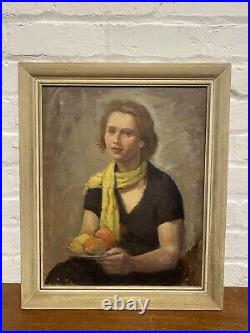 Lrg Mid Century Female Portrait Oil On Canvas Painting Art Vintage Antique