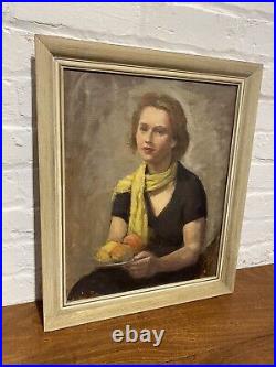 Lrg Mid Century Female Portrait Oil On Canvas Painting Art Vintage Antique