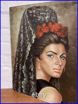 Lrg Mid Century Oil On Canvas Painting Spanish Lady Female Portrait Antique Art