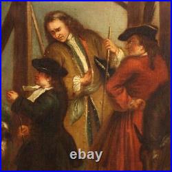 Painting genre scene 700 antique English oil on canvas framework 18th century