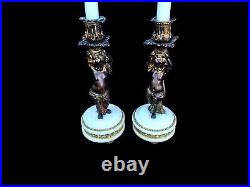 Pair Antique Candlesticks Bronze Cherubs Large Victorian Marble 19th Century