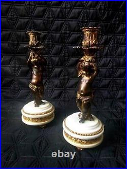 Pair Antique Candlesticks Bronze Cherubs Large Victorian Marble 19th Century
