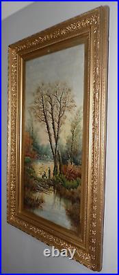 River Forest Landscape, 19th century, LARGE Antique Oil Painting, SIGNED, 35x20