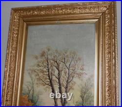 River Forest Landscape, 19th century, LARGE Antique Oil Painting, SIGNED, 35x20